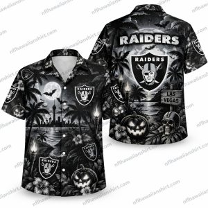 Las Vegas Raiders Monochrome Skull Tropics Halloween Hawaiian Shirt