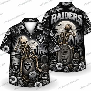 Las Vegas Raiders Skeleton Graveyard Moon Halloween Hawaiian Shirt