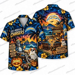 Los Angeles Chargers Beach Skeleton Ghost Vacation Halloween Hawaiian Shirt