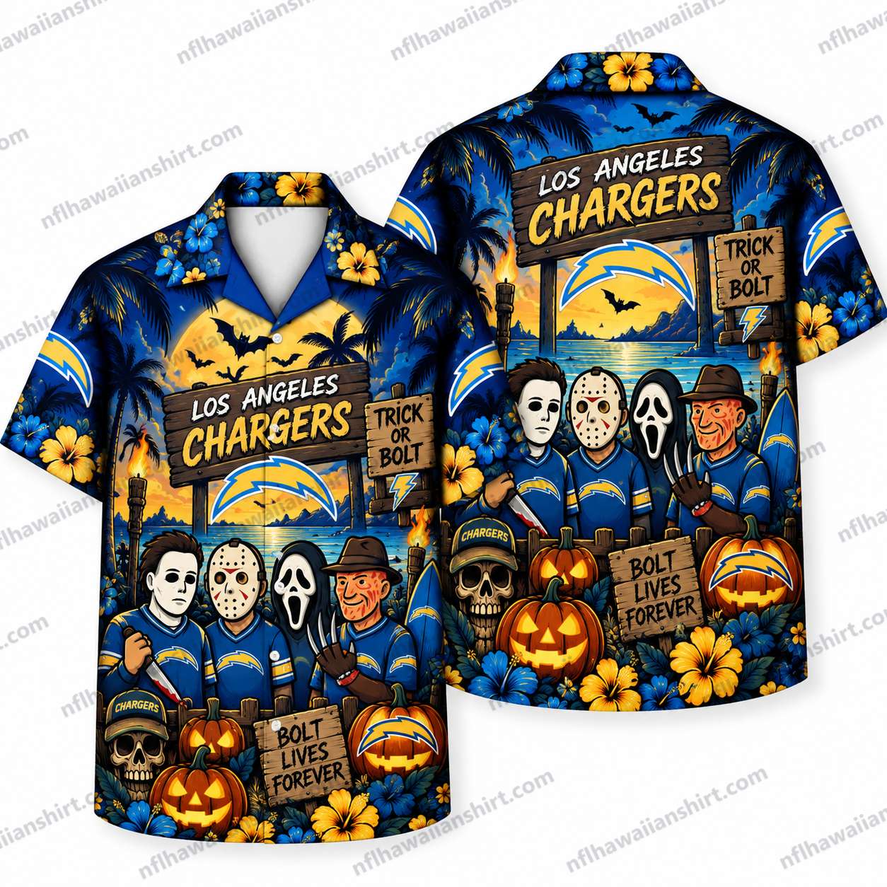 Los Angeles Chargers Horror Icons Lineup Halloween Hawaiian Shirt Los Angeles Chargers Horror Icons Lineup Halloween Hawaiian Shirt