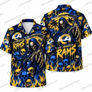 Los Angeles Rams Grim Reaper Blue Flame Skulls Halloween Hawaiian Shirt