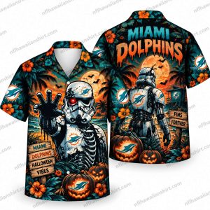 Miami Dolphins Armored Skeleton Sci-Fi Halloween Hawaiian Shirt