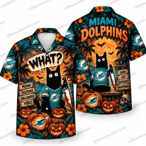 Miami Dolphins Black Cat Knife Surprise Halloween Hawaiian Shirt