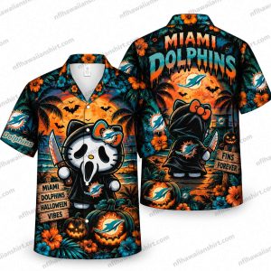 Miami Dolphins Cute Masked Cat Slasher Mashup Halloween Hawaiian Shirt
