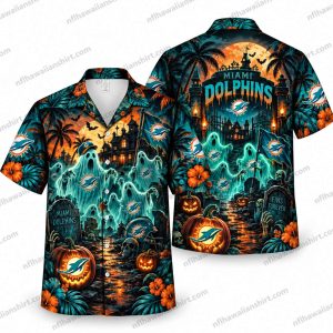 Miami Dolphins Ghost Swarm Haunted Mansion Halloween Hawaiian Shirt