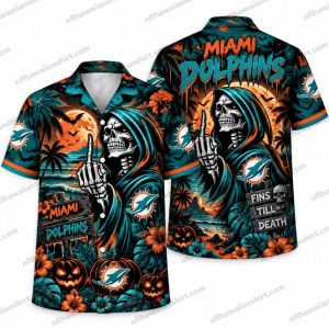 Miami Dolphins Grim Reaper Defiant Gesture Halloween Hawaiian Shirt