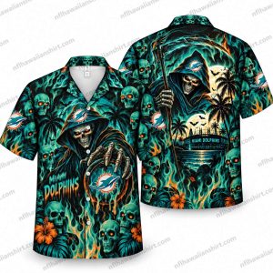 Miami Dolphins Grim Reaper Flaming Skull Swarm Halloween Hawaiian Shirt