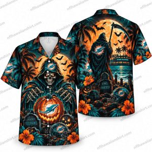 Miami Dolphins Grim Reaper Pumpkin Graveyard Halloween Hawaiian Shirt