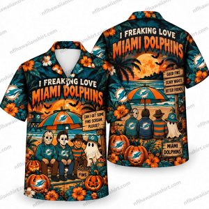 Miami Dolphins Horror Mask Ensemble Beach Bench Halloween Hawaiian Shirt
