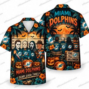 Miami Dolphins Horror Mask Ensemble Scary Good Mugshot Halloween Hawaiian Shirt
