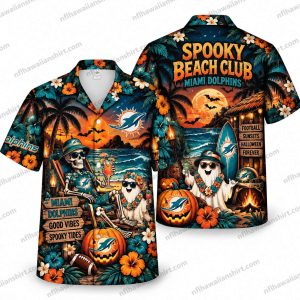 Miami Dolphins Skeleton Spooky Beach Club Halloween Hawaiian Shirt