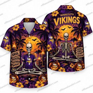 Minnesota Vikings Skeleton Good Vibes Halloween Hawaiian Shirt