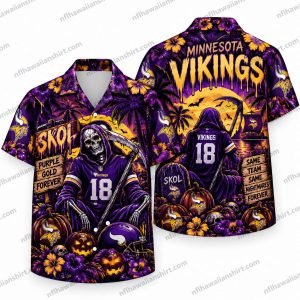 Minnesota Vikings Skeleton Number 18 Halloween Hawaiian Shirt
