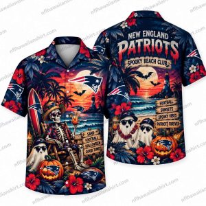 New England Patriots Skeleton Beach Club Sunset Halloween Hawaiian Shirt