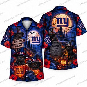 New York Giants Black Cat Trick Or Treat Halloween Hawaiian Shirt