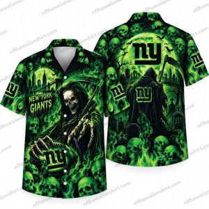New York Giants Neon Green Reaper Skull Field Halloween Hawaiian Shirt