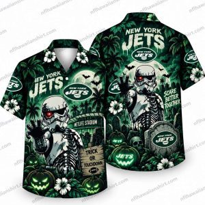 New York Jets Armored Skeleton Stadium Night Halloween Hawaiian Shirt