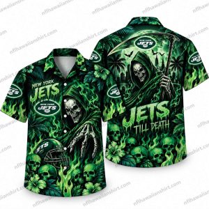 New York Jets Grim Reaper Green Flames Halloween Hawaiian Shirt