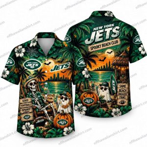 New York Jets Skeleton Spooky Beach Club Halloween Hawaiian Shirt