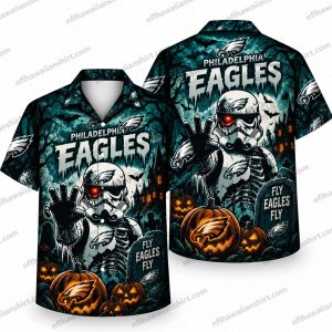 Philadelphia Eagles Cybernetic Skeleton Pumpkin Night Halloween Hawaiian Shirt