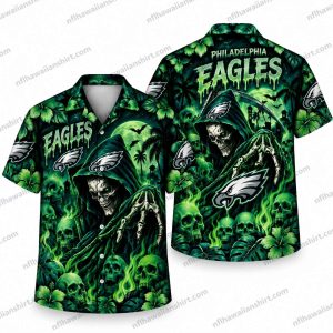 Philadelphia Eagles Neon Green Reaper Skull Field Halloween Hawaiian Shirt