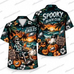 Philadelphia Eagles Skeleton Halloween Beach Club Hawaiian Shirt