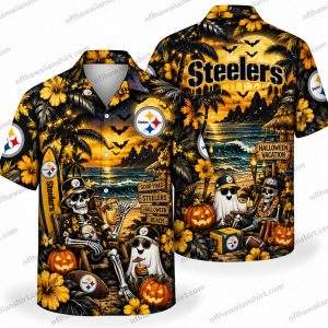 Pittsburgh Steelers Halloween Hawaiian shirt showing moonlit haunted grounds in coordinated black, gold and orange front-and-back artwork