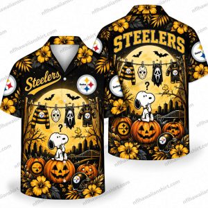 Pittsburgh Steelers Snoopy Ghost Costume Design 2 Halloween Hawaiian shirt, front and back, with black, gold and orange artwork