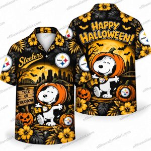 Pittsburgh Steelers Snoopy Pumpkin Costume Design 3 Halloween Hawaiian shirt, front and back, with black, gold and orange artwork