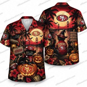 San Francisco 49ers Black Cat Pumpkin Sunset Halloween Hawaiian Shirt