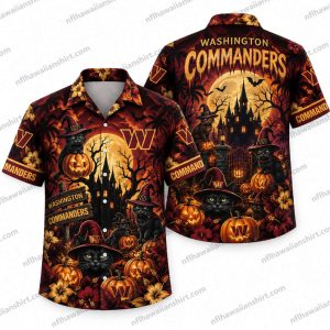 Washington Commanders Black Cat Haunted Castle Halloween Hawaiian Shirt