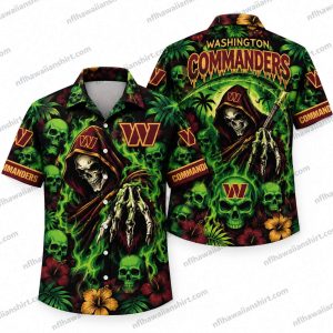 Washington Commanders Neon Green Reaper Skull Field Halloween Hawaiian Shirt